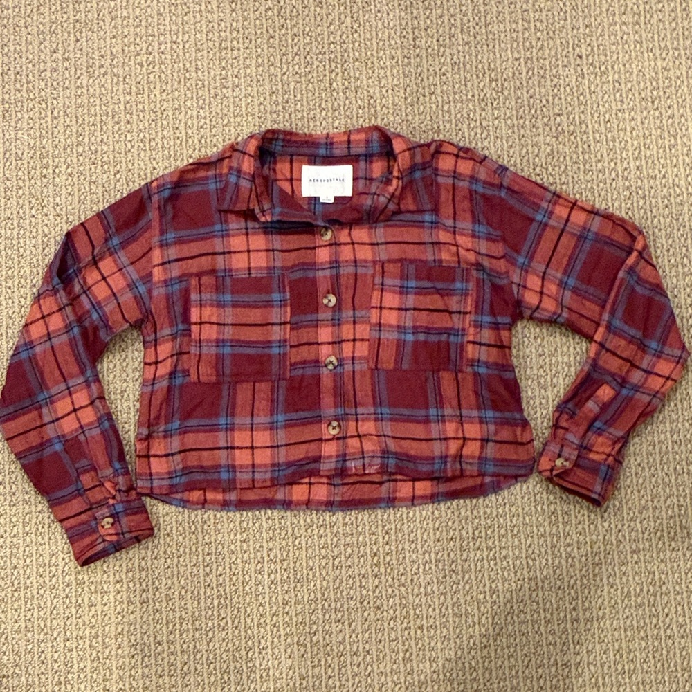 Aeropostale Burgundy and Blue Plaid Button Down Flannel Crop Shirt